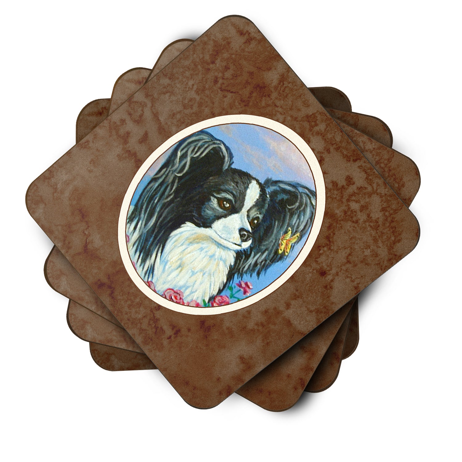 Black and White Papillon Foam Coaster Set of 4 7247FC - the-store.com