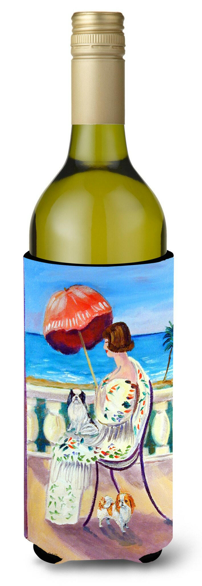 Lady with her Japanese Chin Wine Bottle Beverage Insulator Beverage Insulator Hugger by Caroline&#39;s Treasures