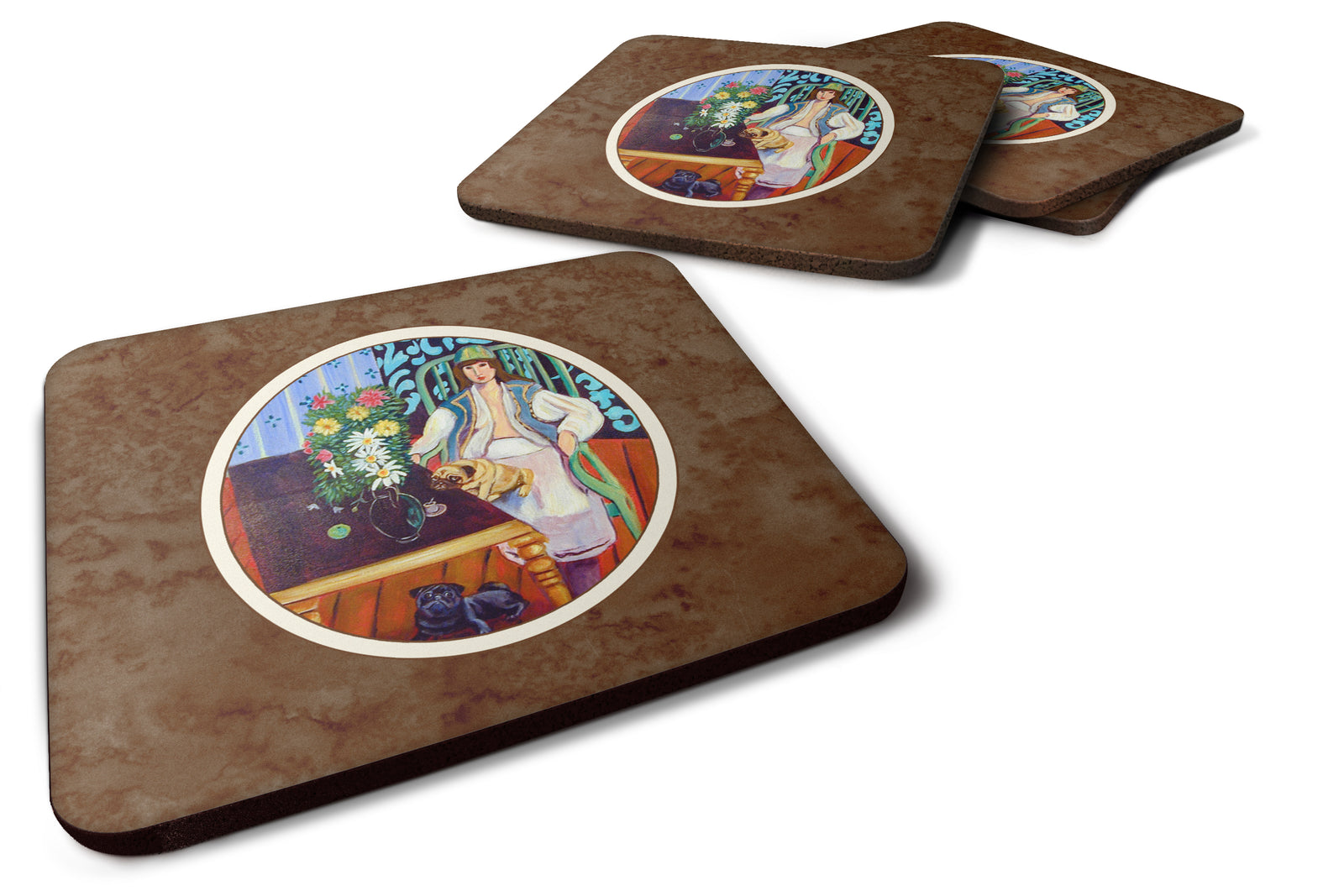 Lady with her Pug Foam Coaster Set of 4 7265FC - the-store.com