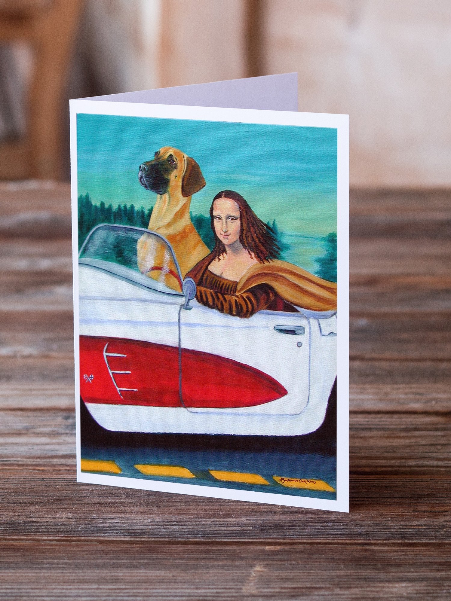 Great Dane with Mona Lisa Greeting Cards and Envelopes Pack of 8 - the-store.com
