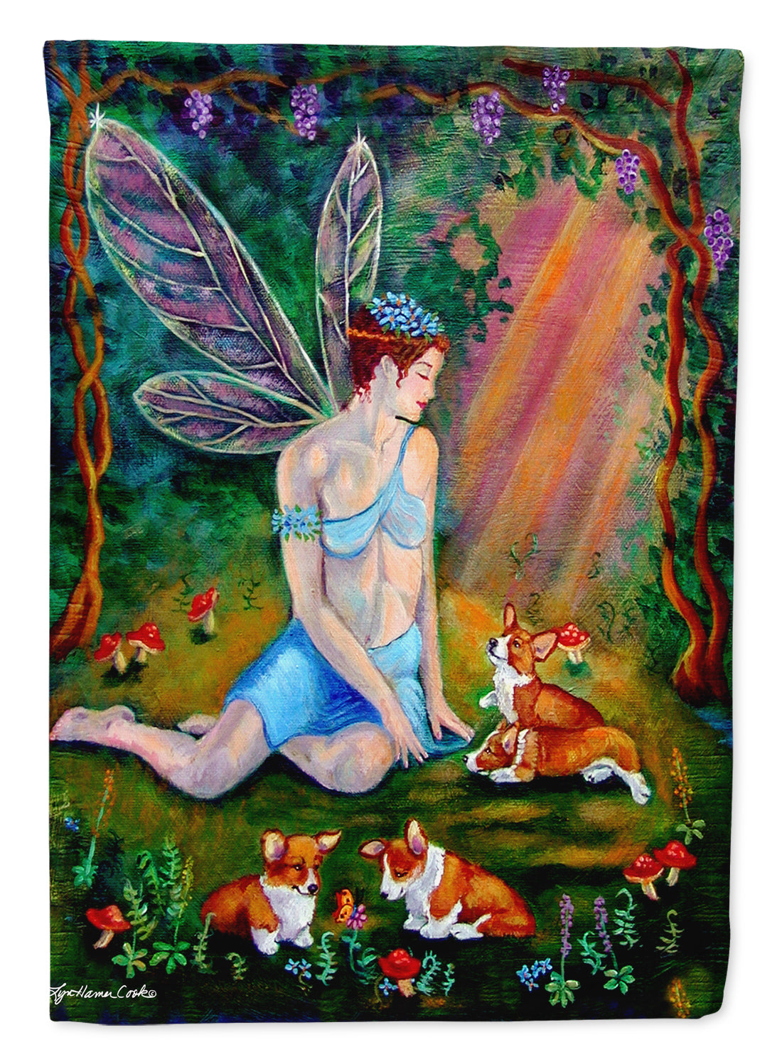 Fairy in the woods with her Corgis Flag Garden Size 7295GF.