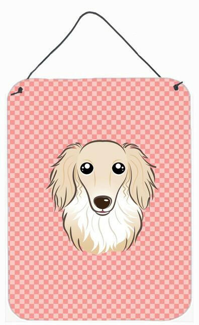 Checkerboard Pink Longhair Creme Dachshund Wall or Door Hanging Prints by Caroline&#39;s Treasures