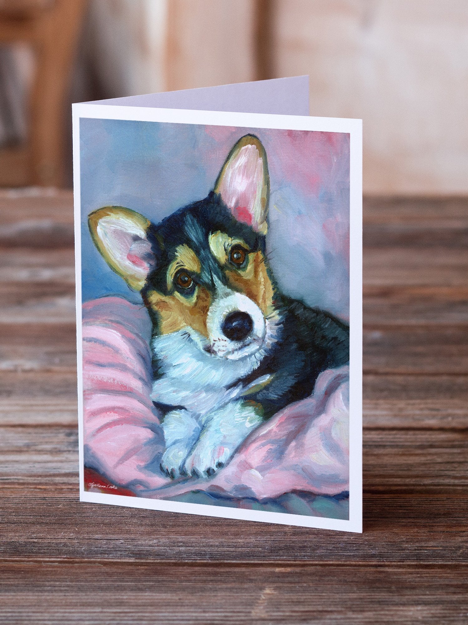 Buy this Corgi Puppy with pink blanket Greeting Cards and Envelopes Pack of 8