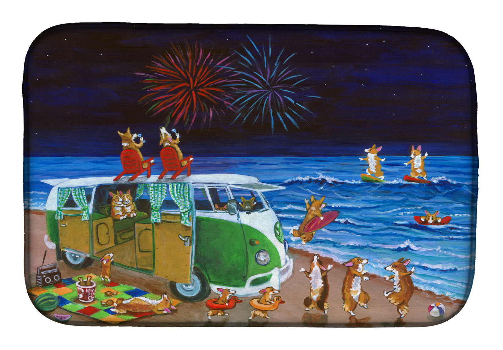 Corgi Beach Party Volkswagon Bus Fireworks Dish Drying Mat 7317DDM  the-store.com.