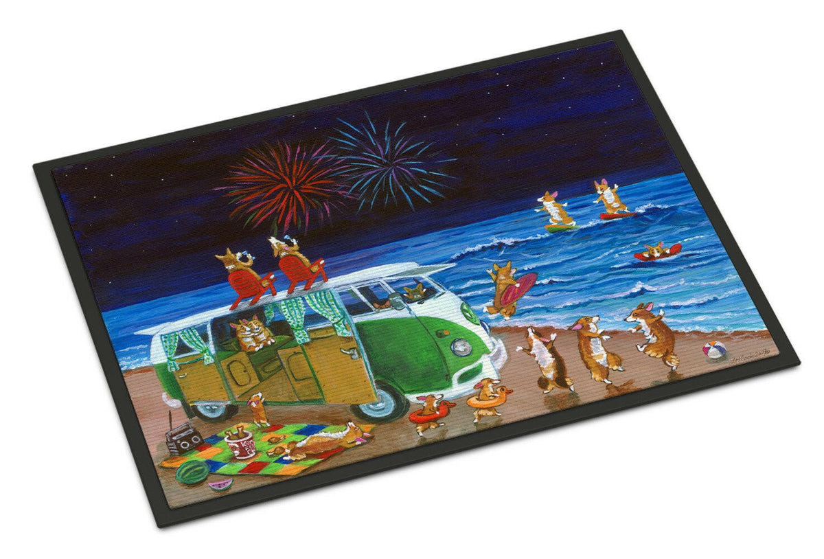 Corgi Beach Party Volkswagon Bus Fireworks Indoor or Outdoor Mat 24x36 7317JMAT - the-store.com