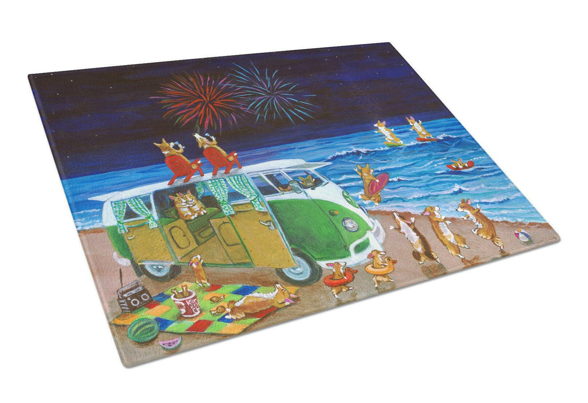 Corgi Beach Party Volkswagon Bus Fireworks Glass Cutting Board Large 7317LCB by Caroline&#39;s Treasures