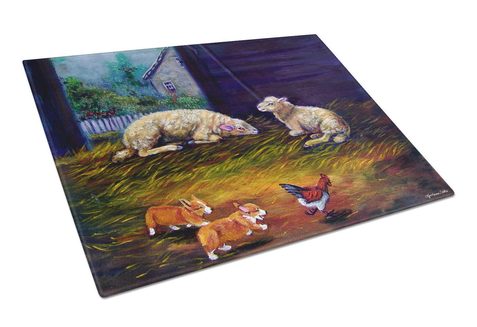 Corgi Chaos in the barn with sheep Glass Cutting Board Large 7322LCB by Caroline's Treasures