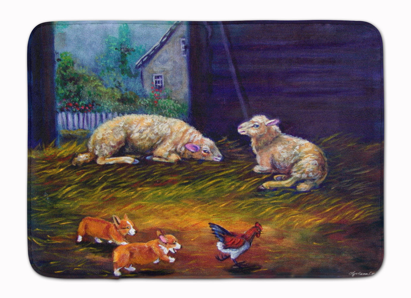 Corgi Chaos in the barn with sheep Machine Washable Memory Foam Mat 7322RUG - the-store.com