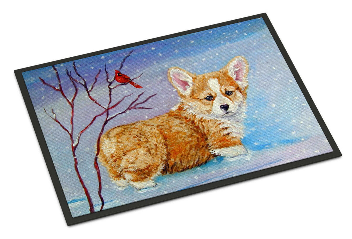 Corgi Pup Snow Cardinal Indoor or Outdoor Mat 24x36 7327JMAT - the-store.com