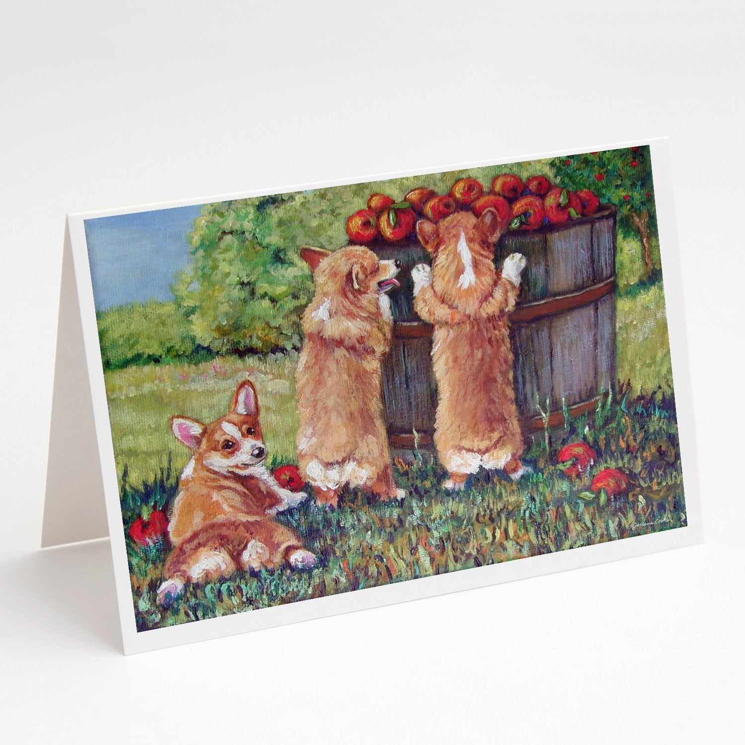 Buy this Apple Helper Corgis Greeting Cards and Envelopes Pack of 8