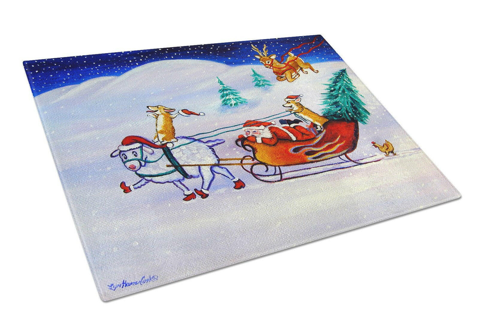 Corgi Highhacked Santa Claus Sleigh Glass Cutting Board Large 7442LCB by Caroline's Treasures