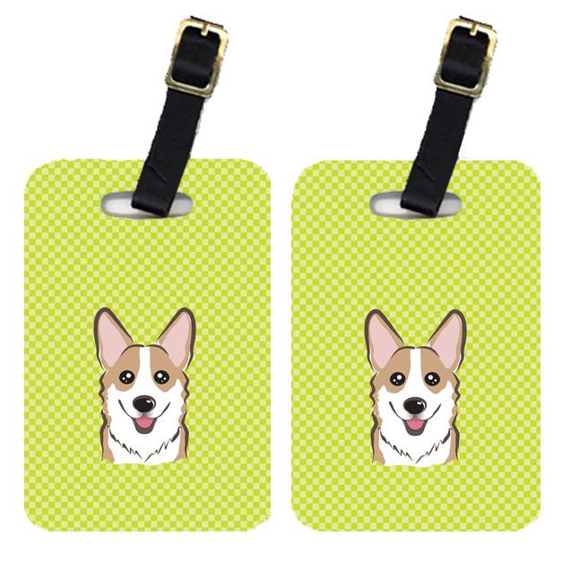 Pair of Checkerboard Lime Green Corgi Luggage Tags BB1315BT by Caroline&#39;s Treasures