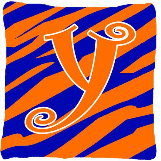 Monogram Initial Y Tiger Stripe Blue and Orange Decorative Canvas Fabric Pillow - the-store.com