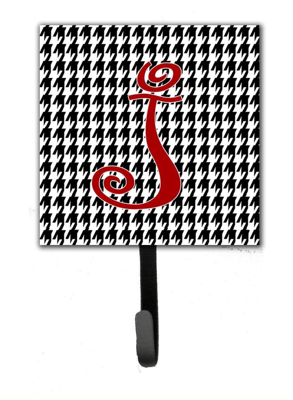 Letter J Initial Monogram - Houndstooth Black Leash Holder or Key Hook by Caroline's Treasures