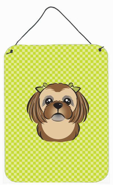 Checkerboard Lime Green Chocolate Brown Shih Tzu Wall or Door Hanging Prints by Caroline's Treasures