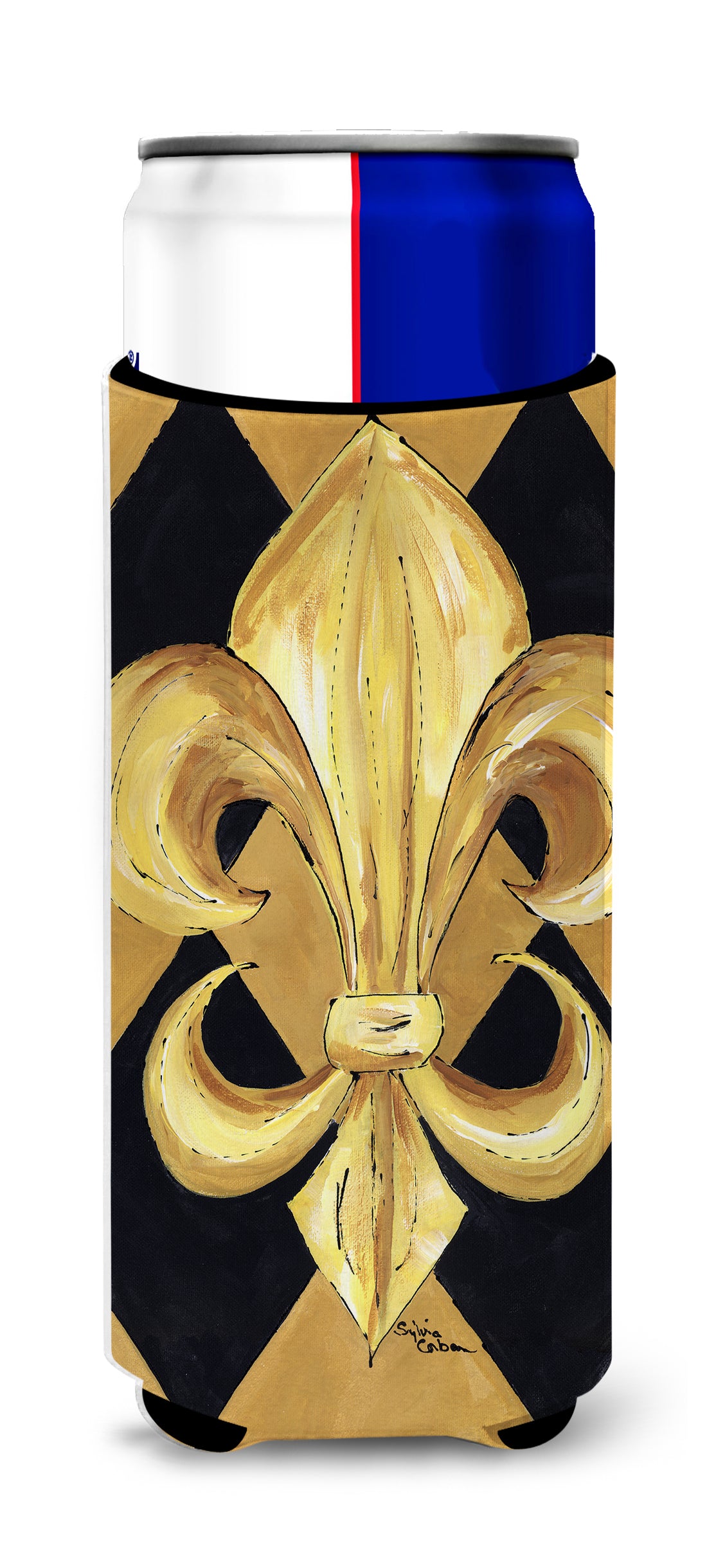 Black and Gold Fleur de lis New Orleans Ultra Beverage Insulators for slim cans 8125MUK.