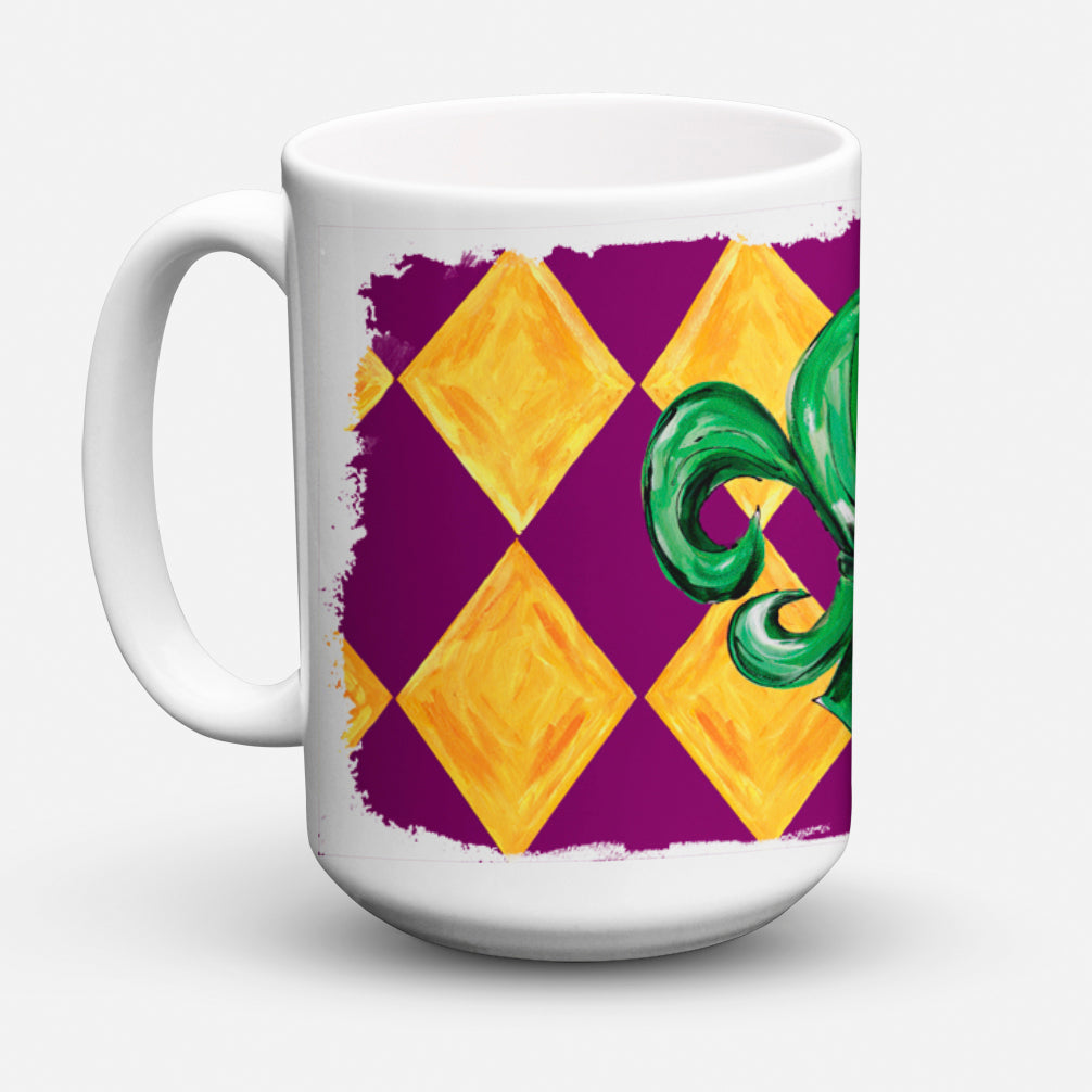 Mardi Gras Fleur de lis Purple Green and Gold Dishwasher Safe Microwavable Ceramic Coffee Mug 15 ounce 8133CM15  the-store.com.