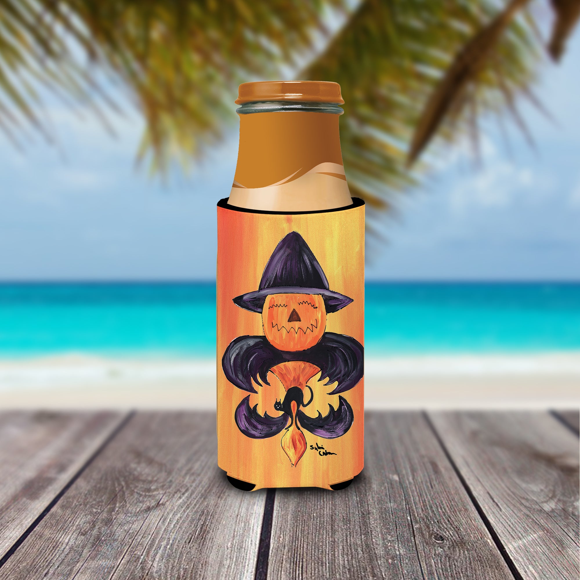 Halloween Pumpkin and Bat Fleur de lis Ultra Beverage Insulators for slim cans 8183MUK.