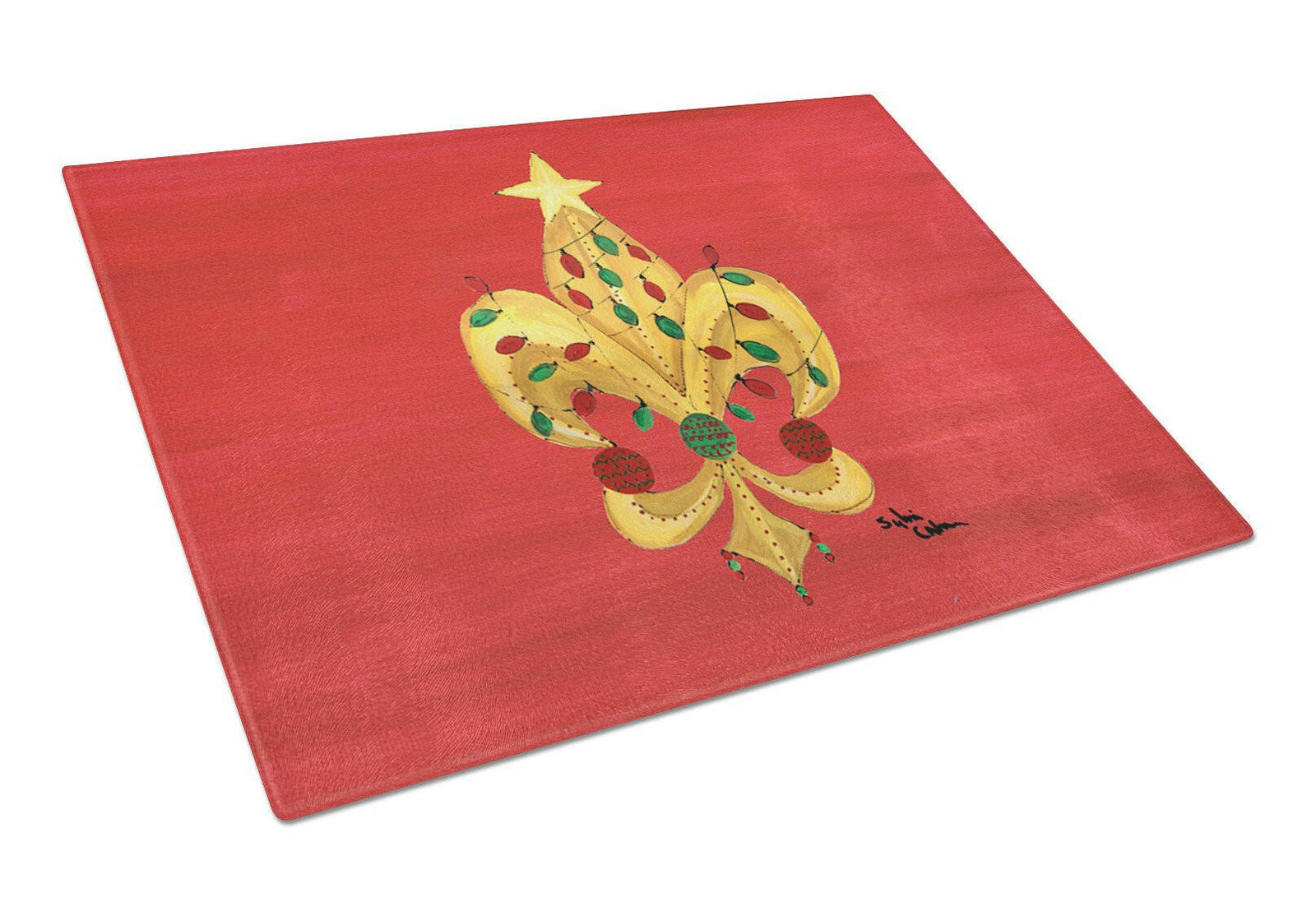 Christmas Fleur de lis Tree with lights Glass Cutting Board Large by Caroline's Treasures