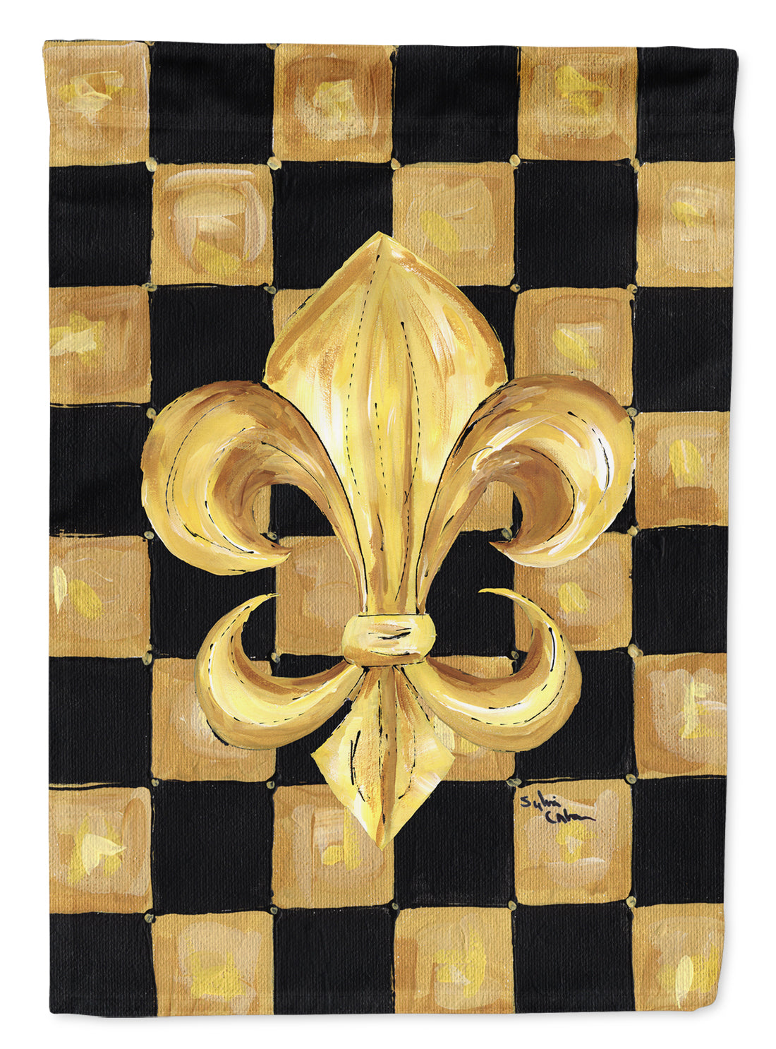 Black and Gold Fleur de lis checkered Flag Garden Size.