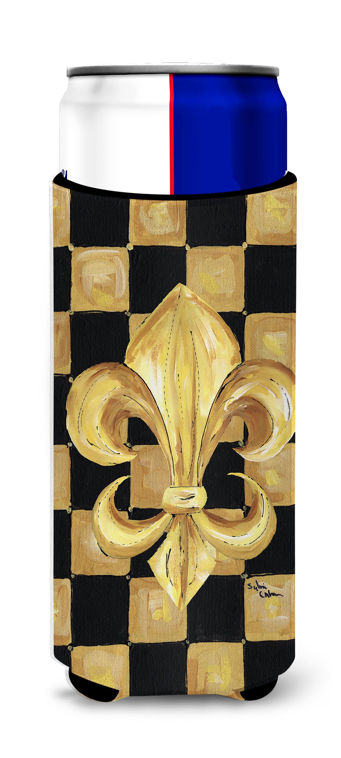 Black Gold Checkered Flag Fleur de lis Ultra Beverage Insulators for slim cans 8197MUK.