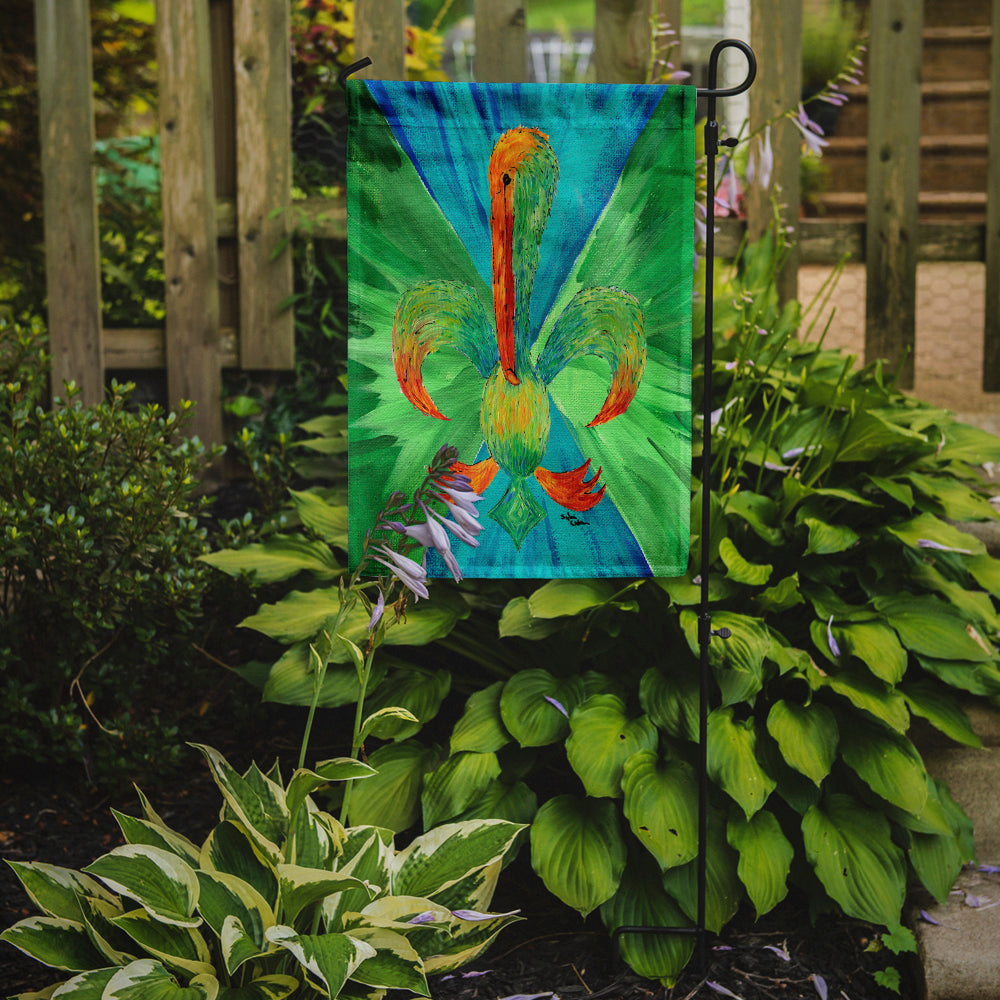 Multi colored Pelican Fleur de lis Flag Garden Size.