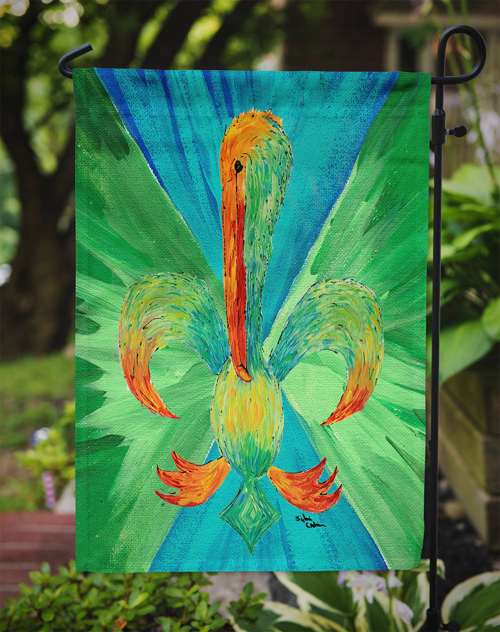 Multi colored Pelican Fleur de lis Flag Garden Size.