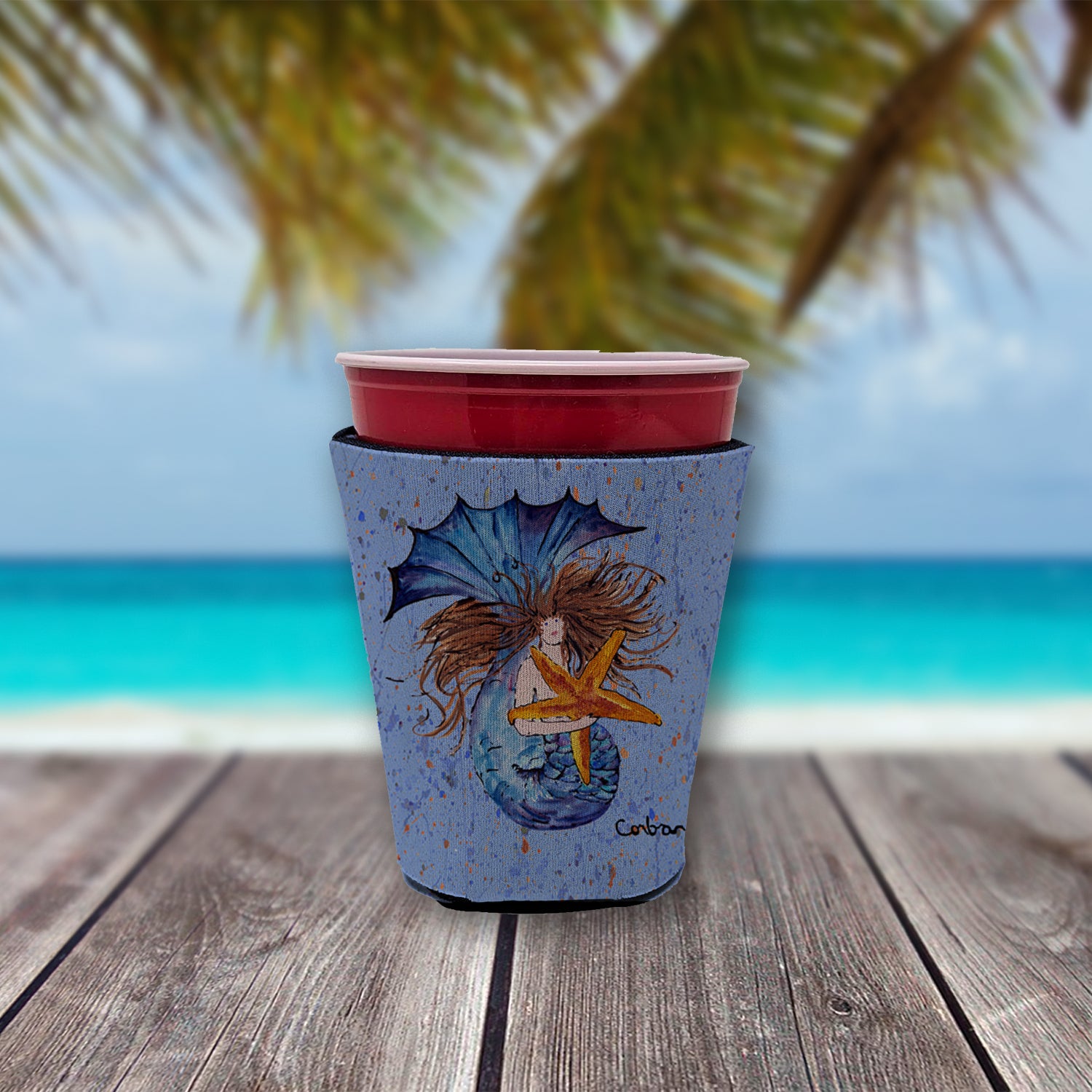 Mermaid Brunette Mermaid Red Cup Beverage Insulator Hugger  the-store.com.