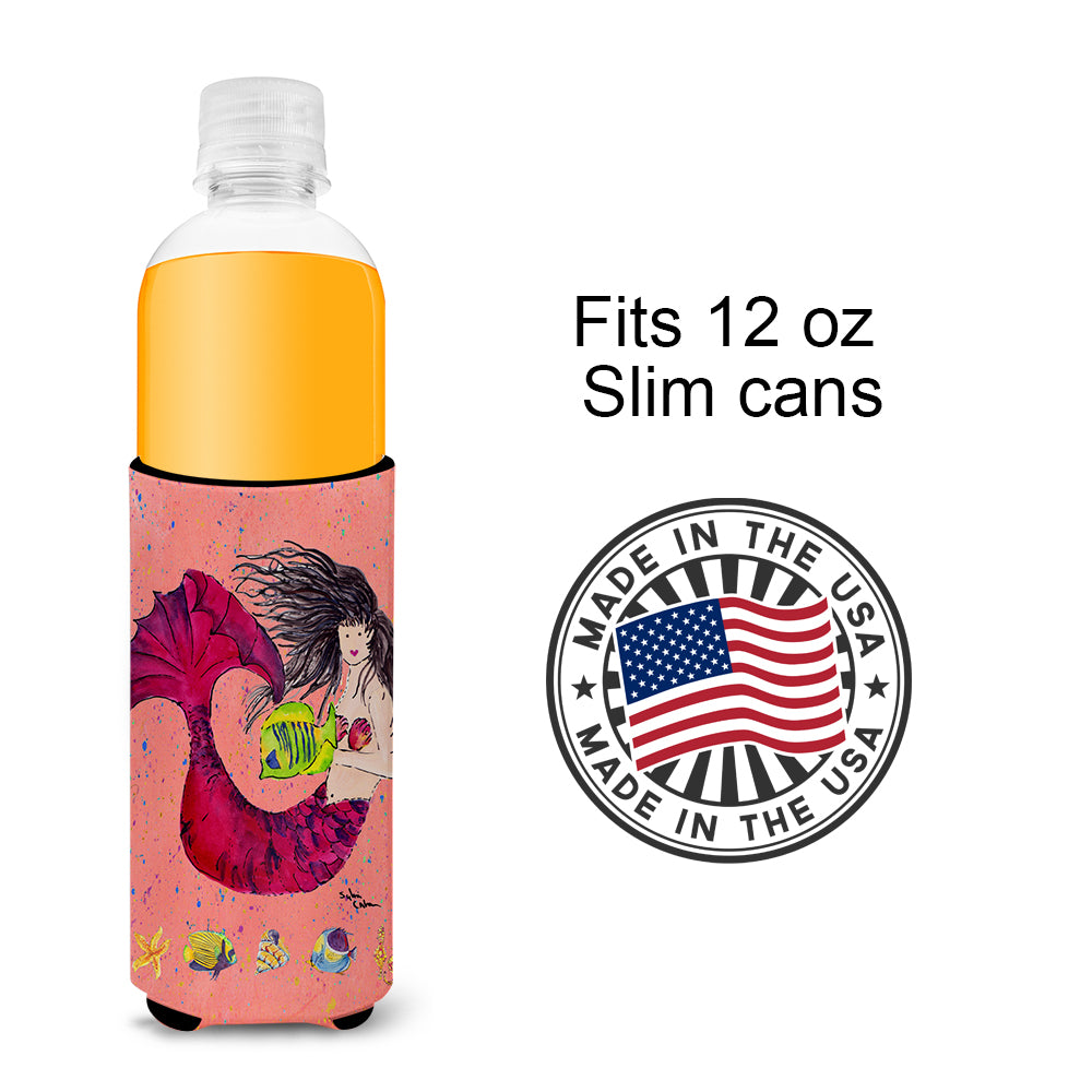 Black haired Mermaid on Red Ultra Beverage Insulators for slim cans 8338MUK.