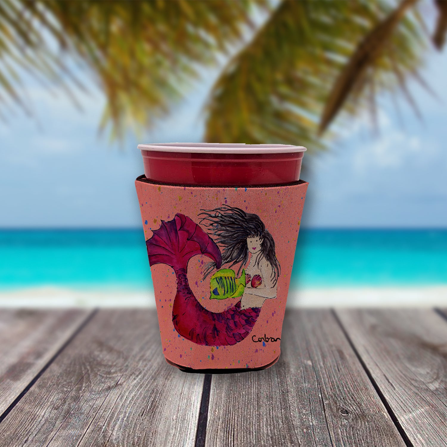 Mermaid Black Hair Mermaid Red Cup Beverage Insulator Hugger  the-store.com.