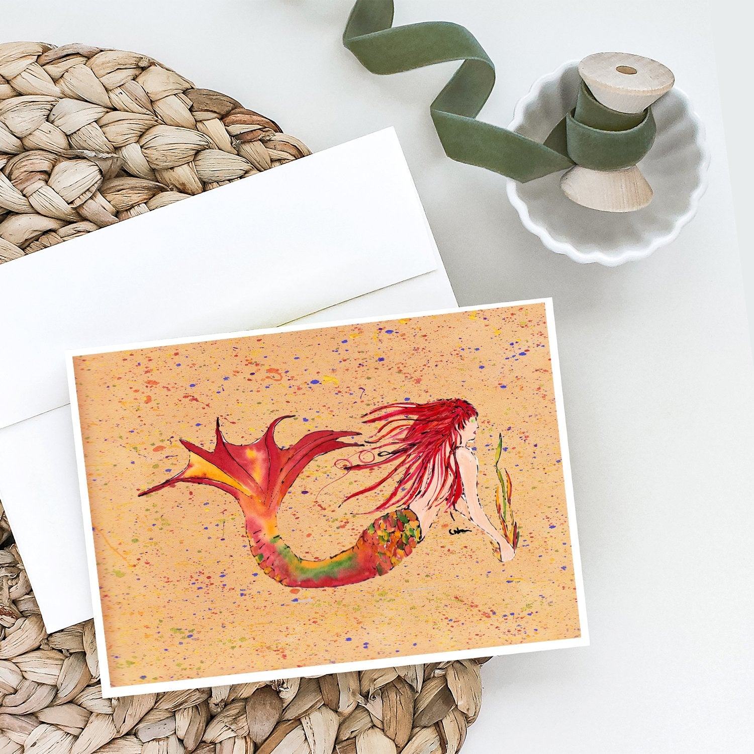 Buy this Red Headed Ginger Mermaid on Coral Greeting Cards and Envelopes Pack of 8