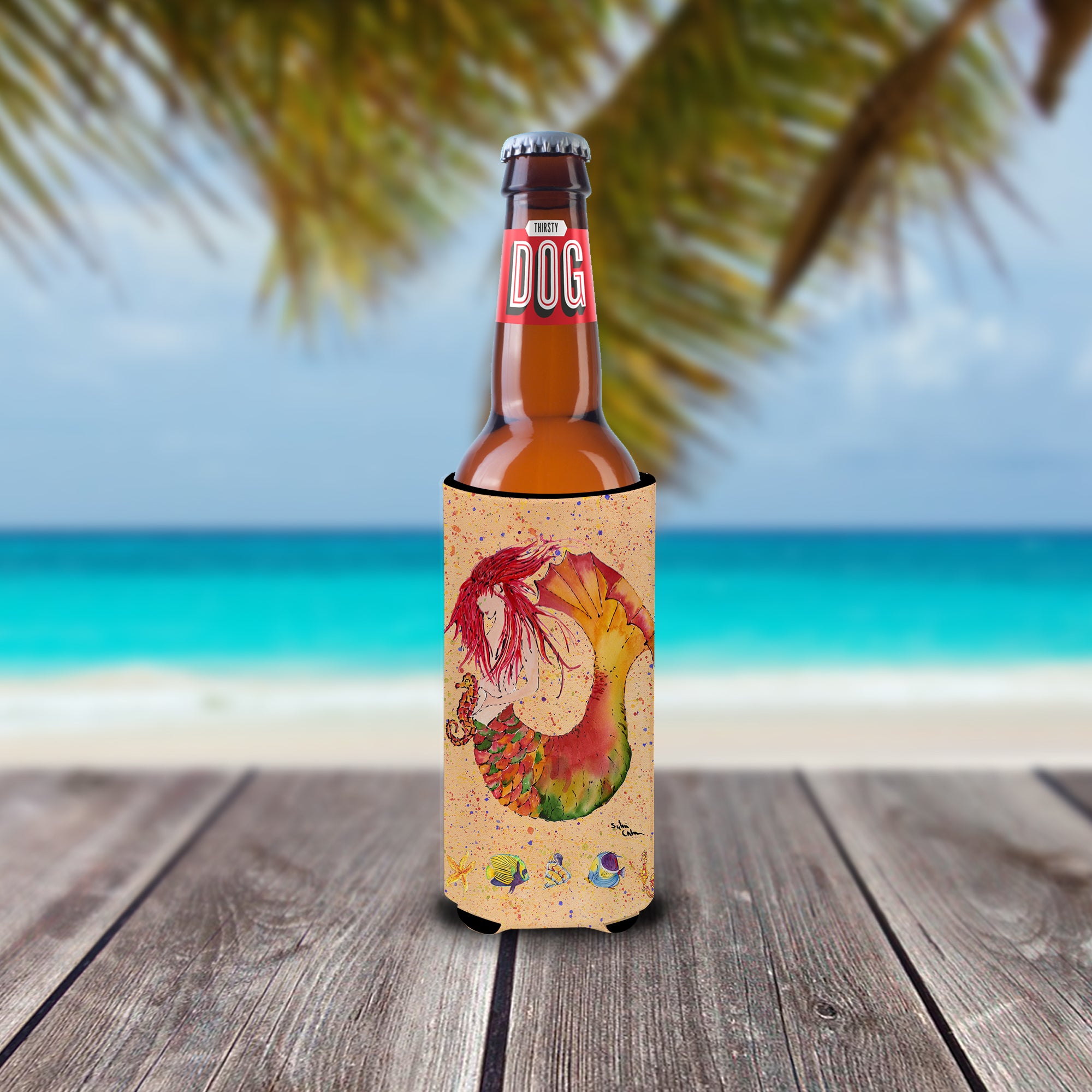 Red Headed Ginger Mermaid on Coral Ultra Beverage Insulators for slim cans 8339MUK.