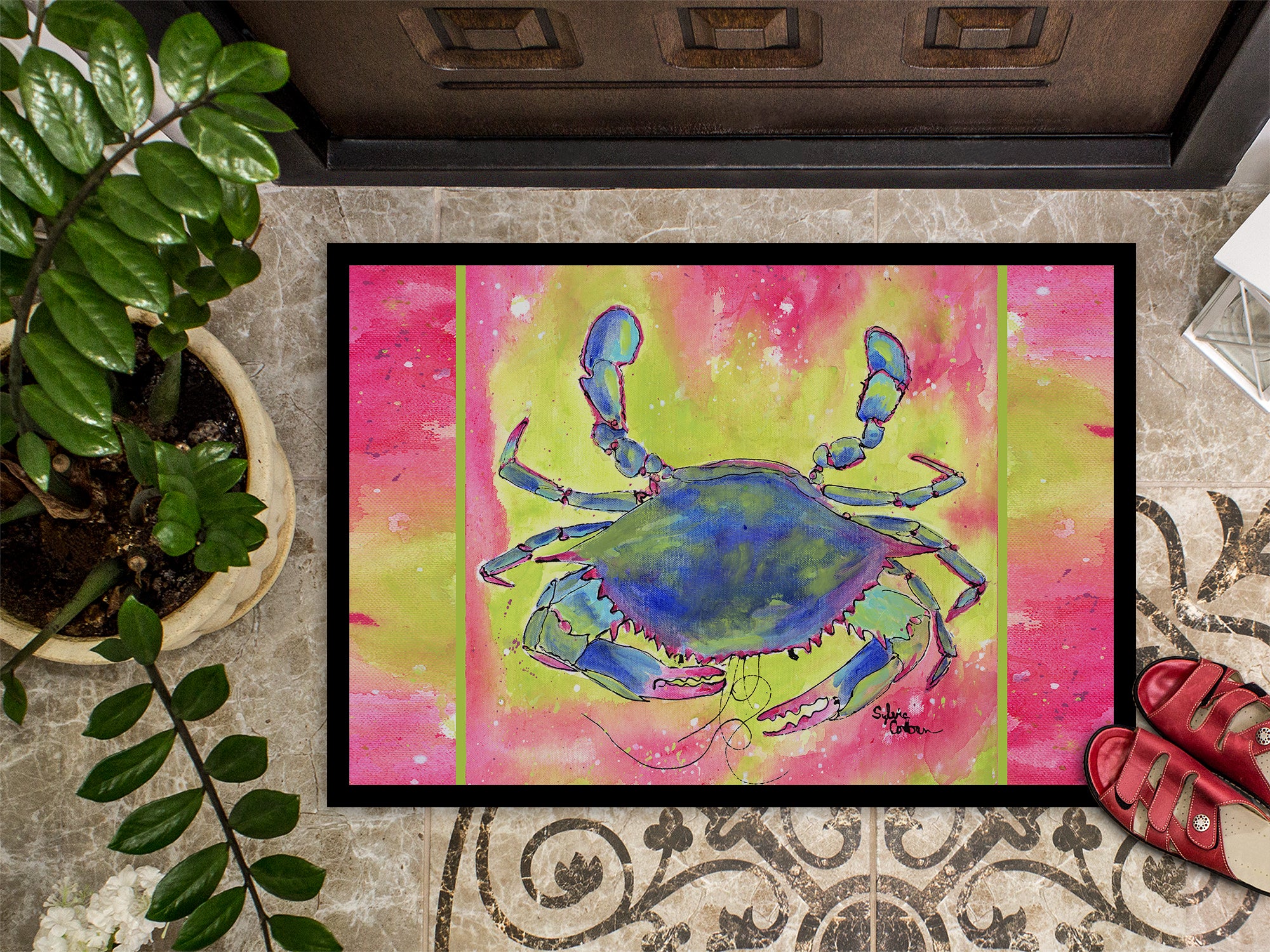 Bright Pink and Blue Crab Indoor or Outdoor Mat 18x27 8343 Doormat - the-store.com