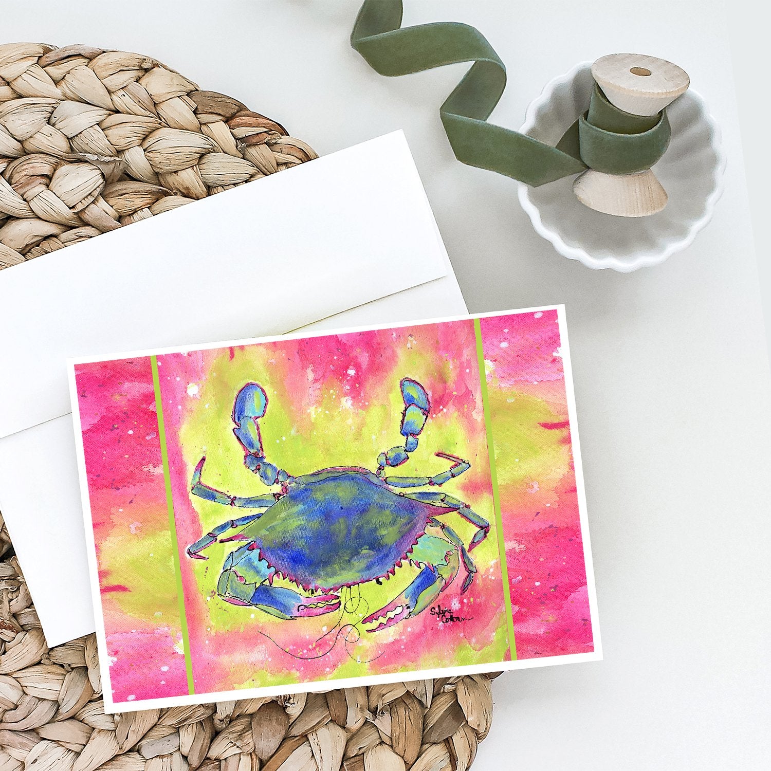 Buy this Blue Crab Bright Pink and Green Greeting Cards and Envelopes Pack of 8