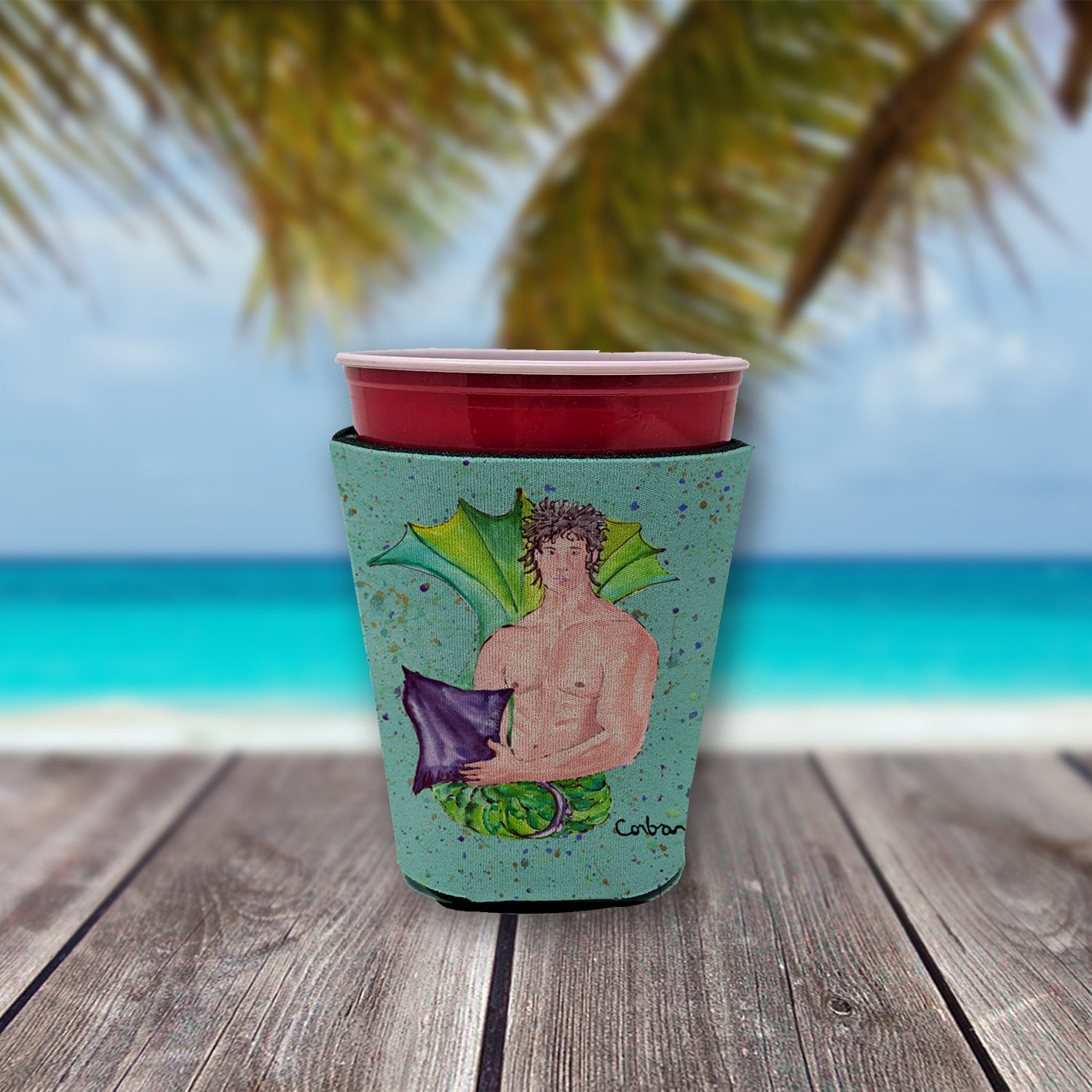 Merman Black Hair Merman Red Cup Beverage Insulator Hugger  the-store.com.