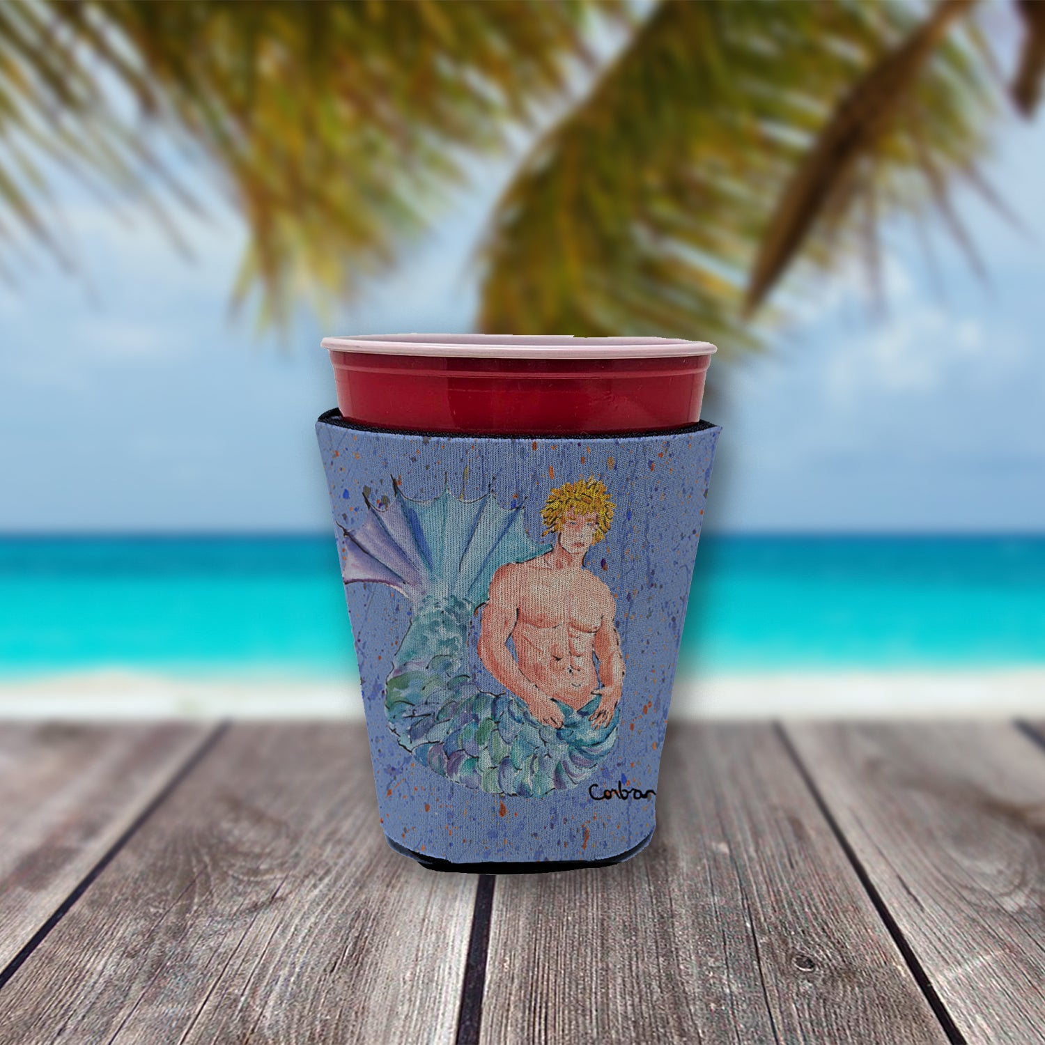 Merman Blonde Hair Merman Red Cup Beverage Insulator Hugger  the-store.com.