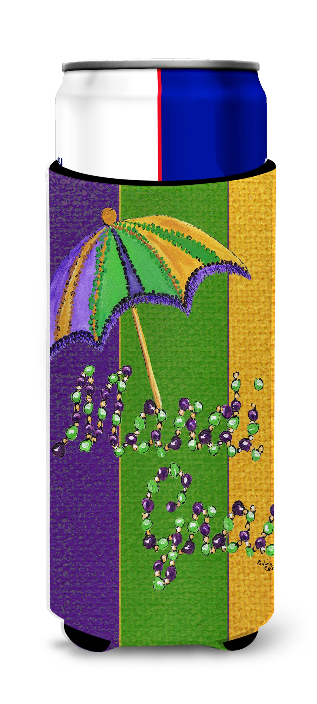 Mardi Gras Second line umbrella Ultra Beverage Insulators for slim cans 8373MUK.