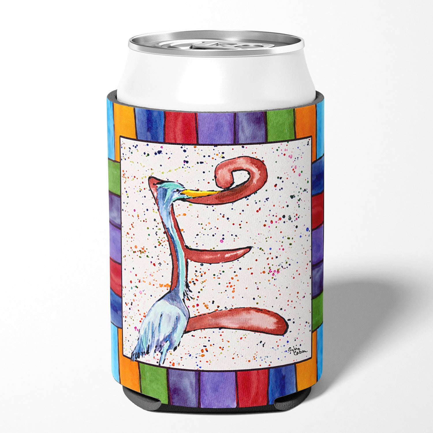 Letter E with Blue Heron Can or Bottle Beverage Insulator Hugger 8428.