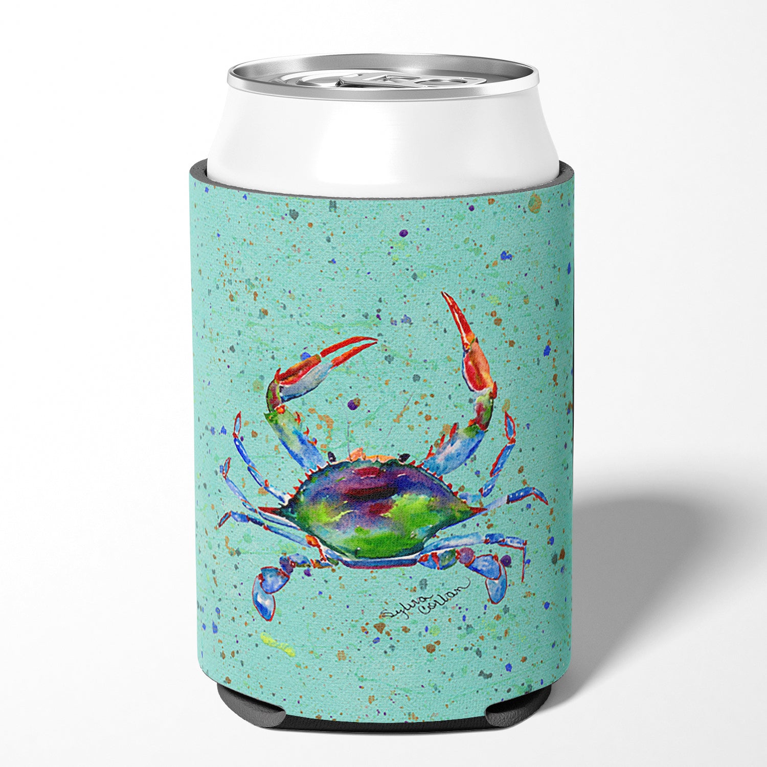 Crab  on Teal Can or Bottle Beverage Insulator Hugger.