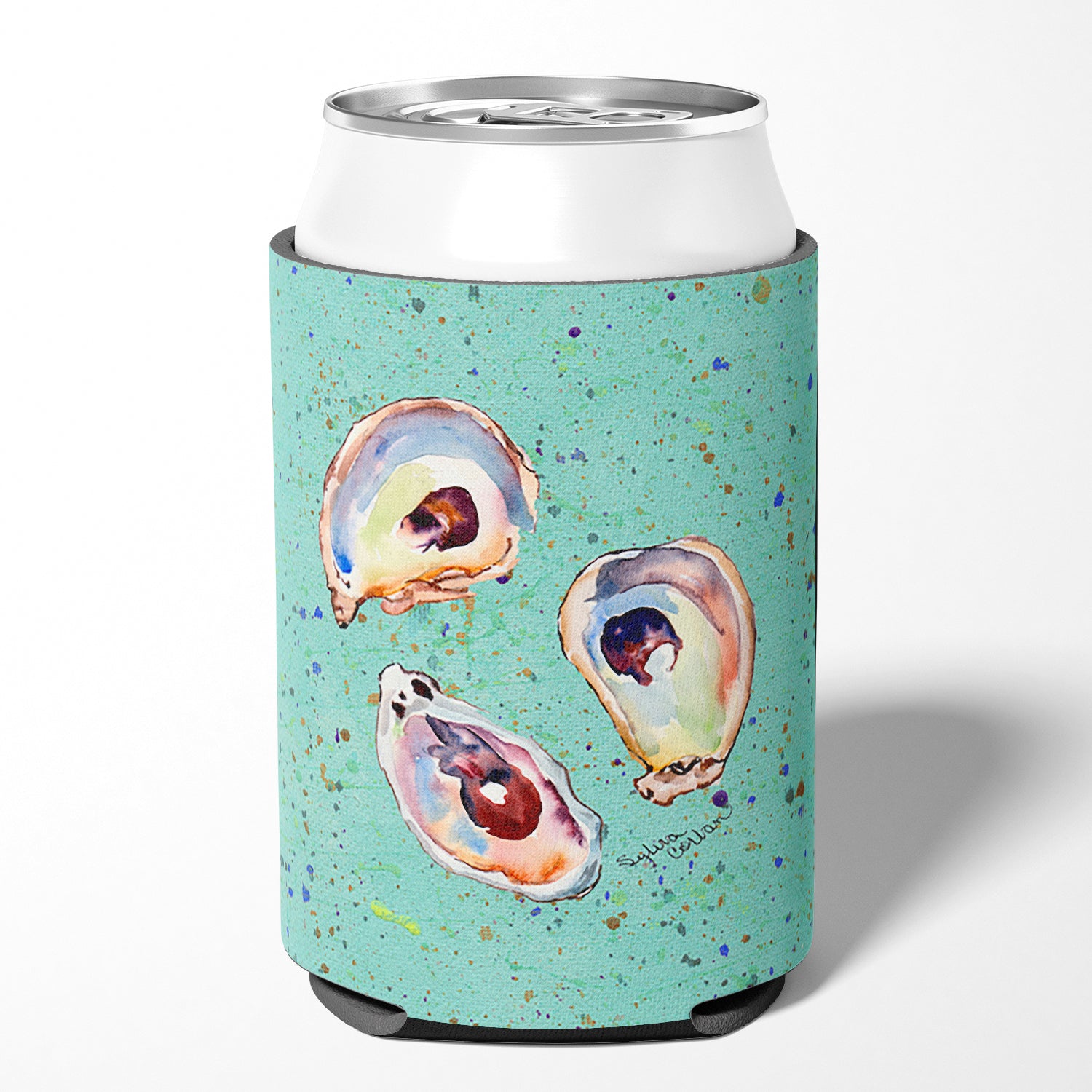 Oyster  on Teal Can or Bottle Beverage Insulator Hugger.