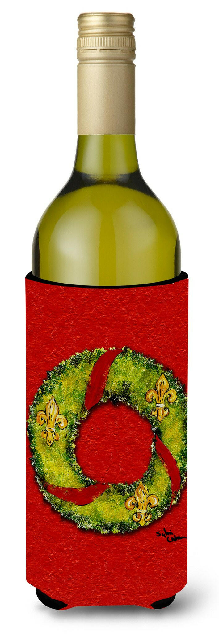 Christmas Wreath Fleur de lis Wine Bottle Beverage Insulator Beverage Insulator Hugger by Caroline's Treasures