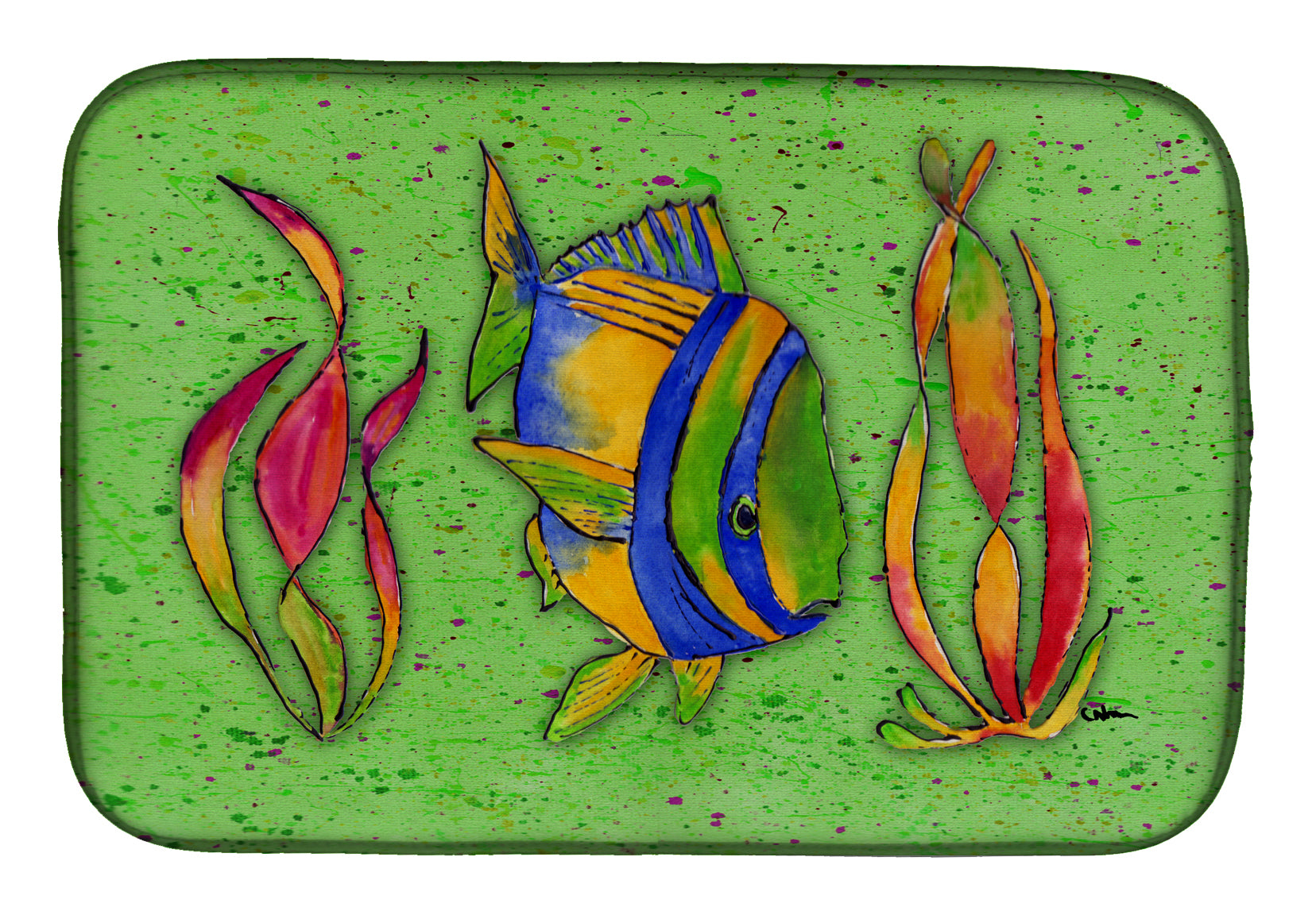 Tropical Fish on Green Dish Drying Mat 8568DDM  the-store.com.