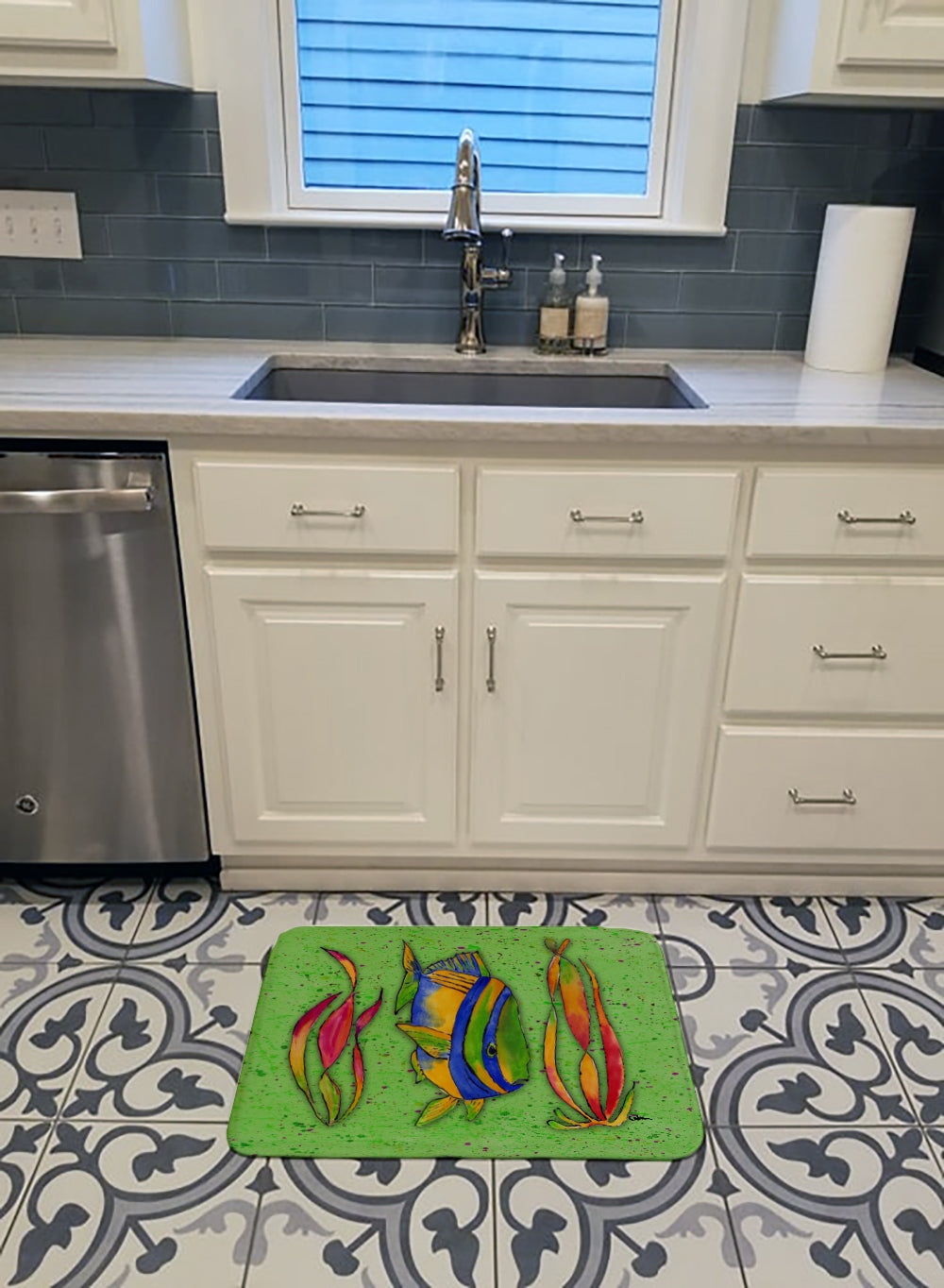 Tropical Fish on Green Machine Washable Memory Foam Mat 8568RUG - the-store.com