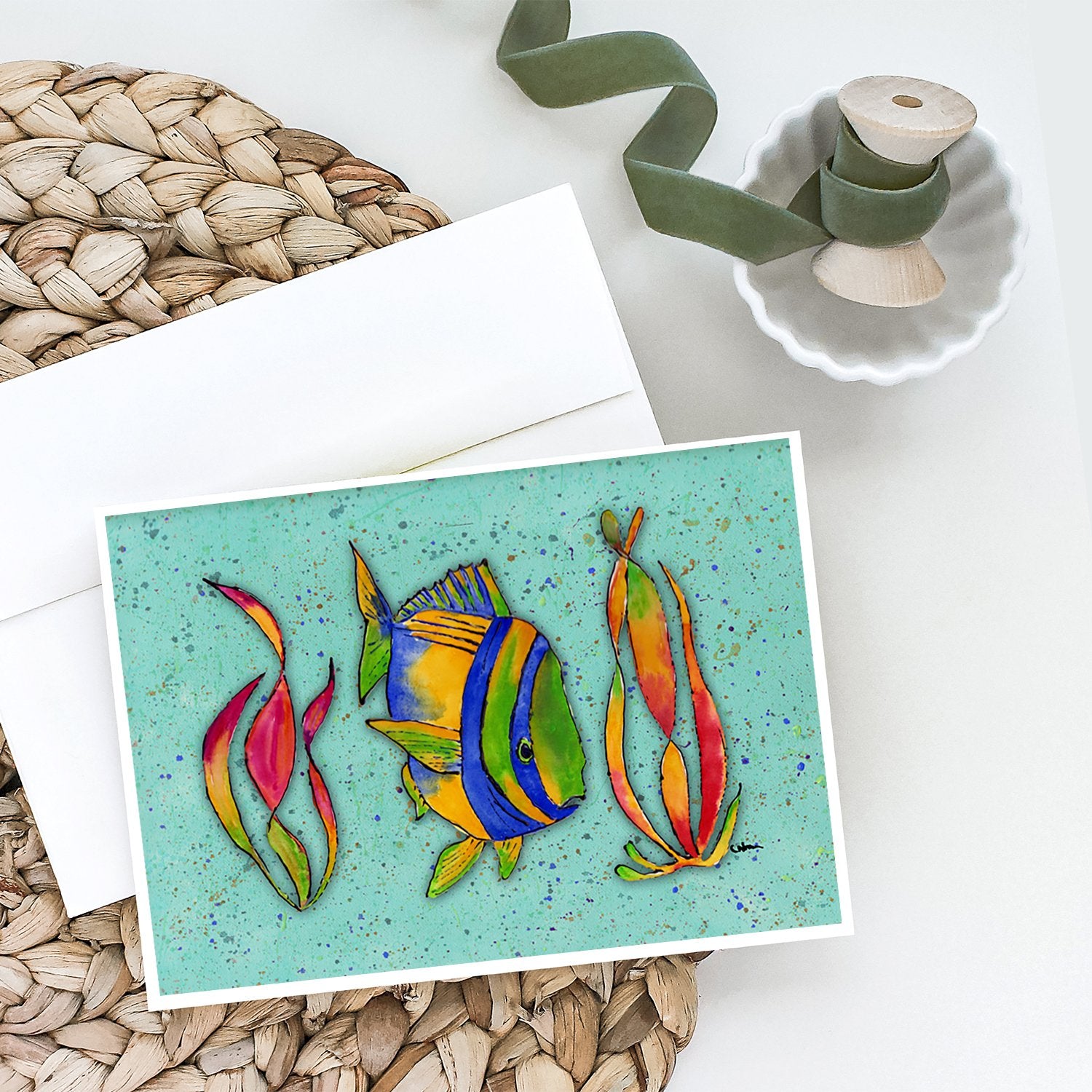 Buy this Tropical Fish on Teal Greeting Cards and Envelopes Pack of 8