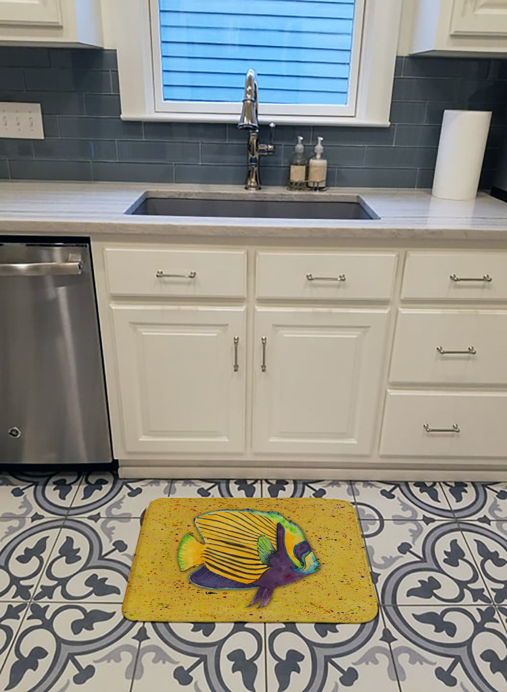 Tropical Fish on Mustard Machine Washable Memory Foam Mat 8577RUG - the-store.com