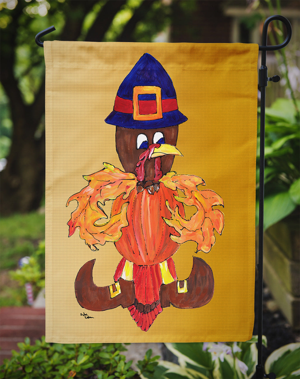 Thanksgiving Turkey Pilgrim Fleur de lis Flag Garden Size.