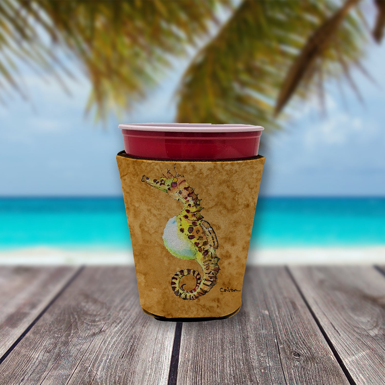 Seahorse Male on gold Red Cup Beverage Insulator Hugger  the-store.com.