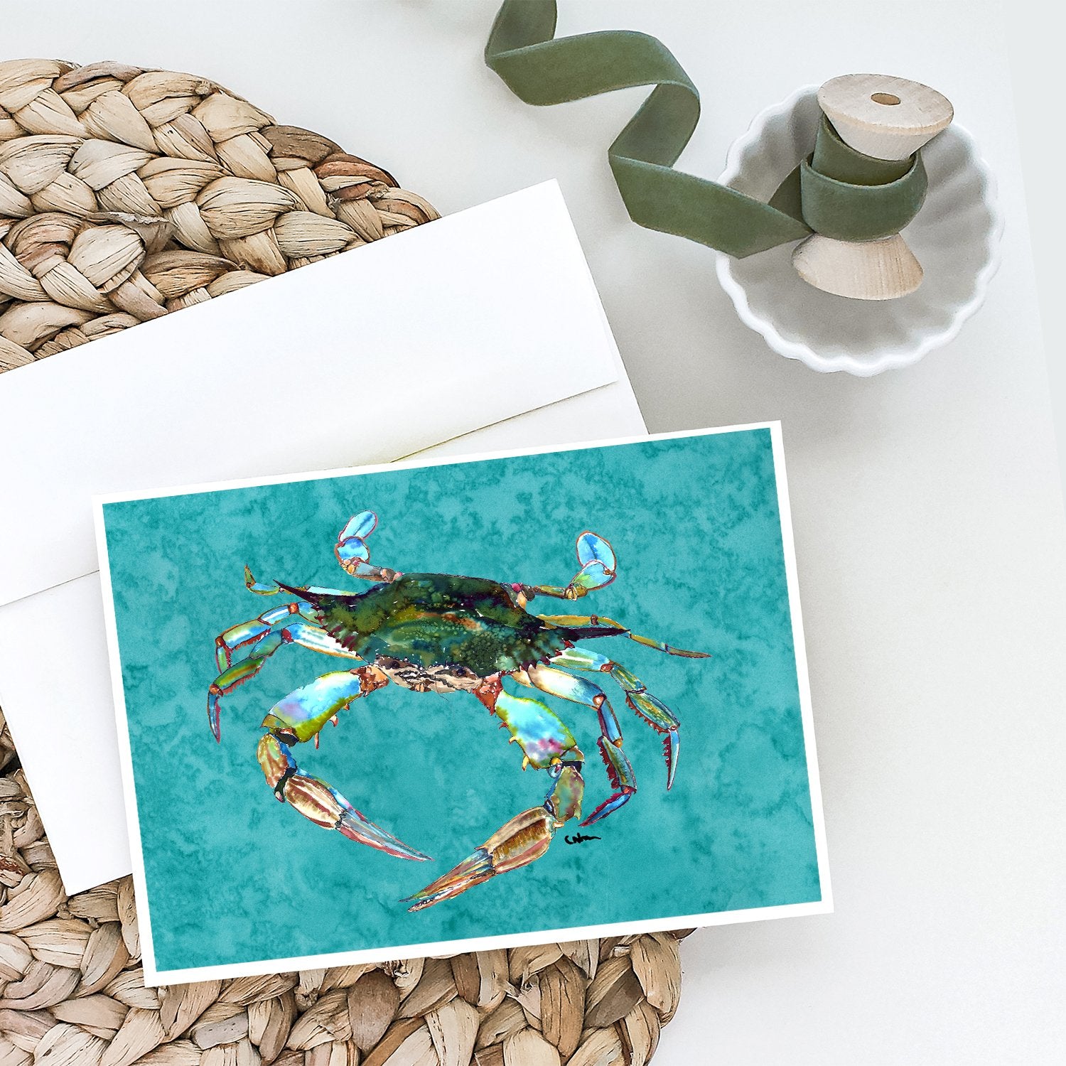 Blue Crab on Teal Greeting Cards and Envelopes Pack of 8 - the-store.com