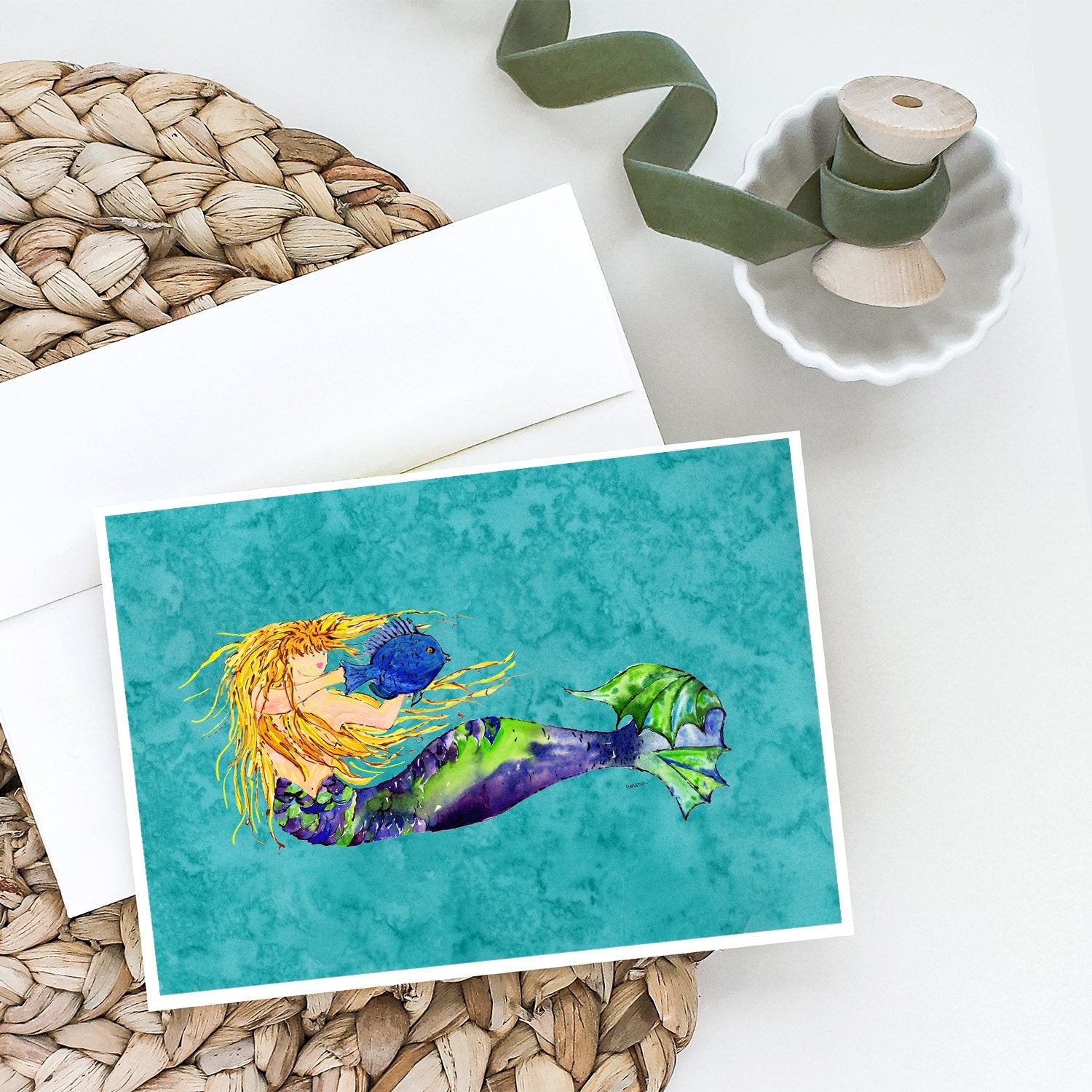 Buy this Blonde Mermaid on Teal Greeting Cards and Envelopes Pack of 8