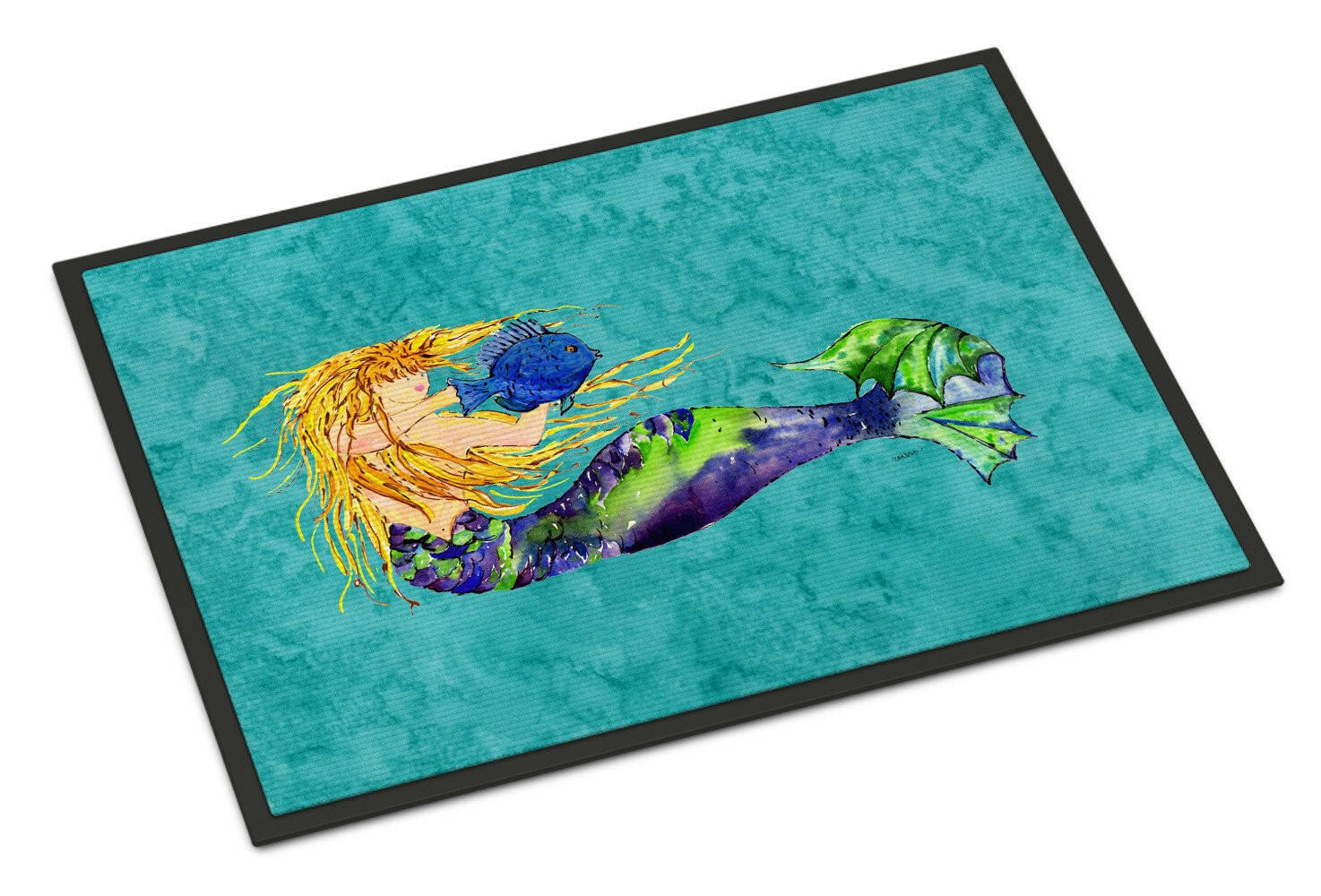 Blonde Mermaid on Teal Indoor or Outdoor Mat 24x36 8724JMAT - the-store.com